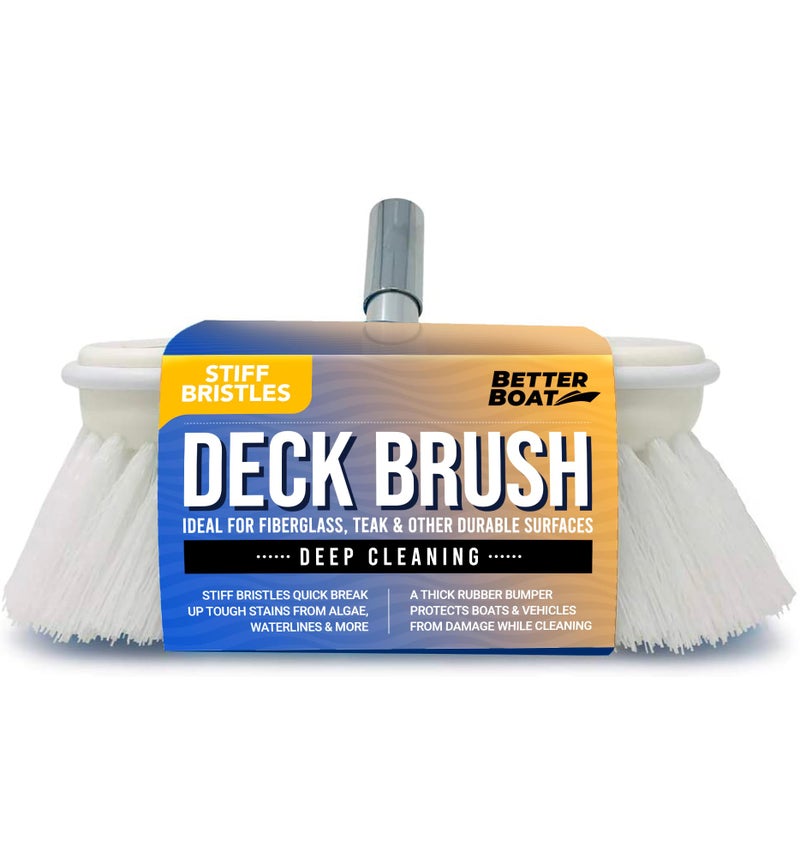 Better Boat Stiff Boat Deck Brush, Heavy-Duty Marine Brush Head, 8" Firm Bristle with Bumper, 3/4" Thread Handle, for RV, Truck, and Auto Cleaning - Image 1